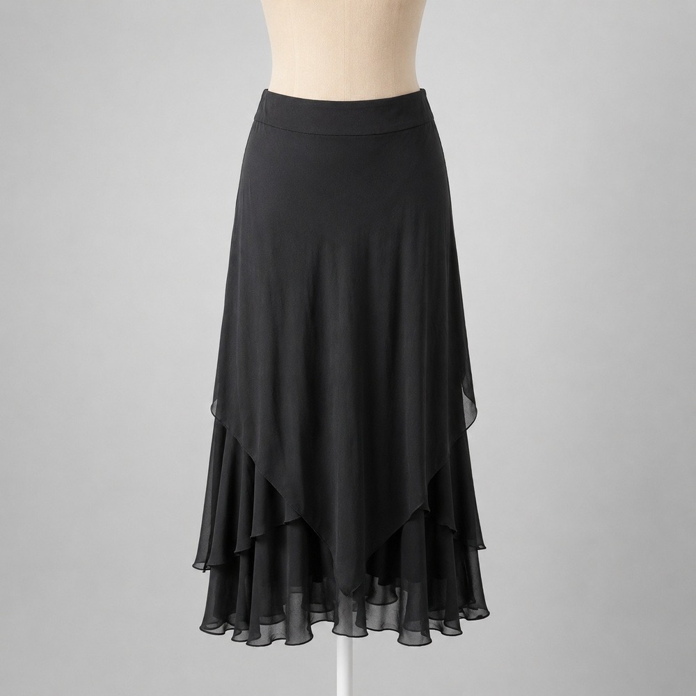Vintage Y2K 100% Silk Handkerchief Hem Maxi Skirt Black Layered Fairy Whimsigoth